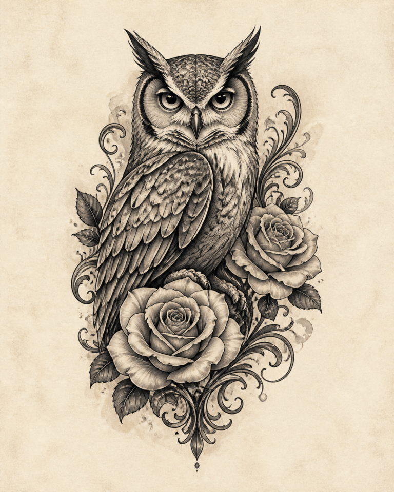 Original Tattoo Owl demo placeholder: black and grey owl and roses flash.