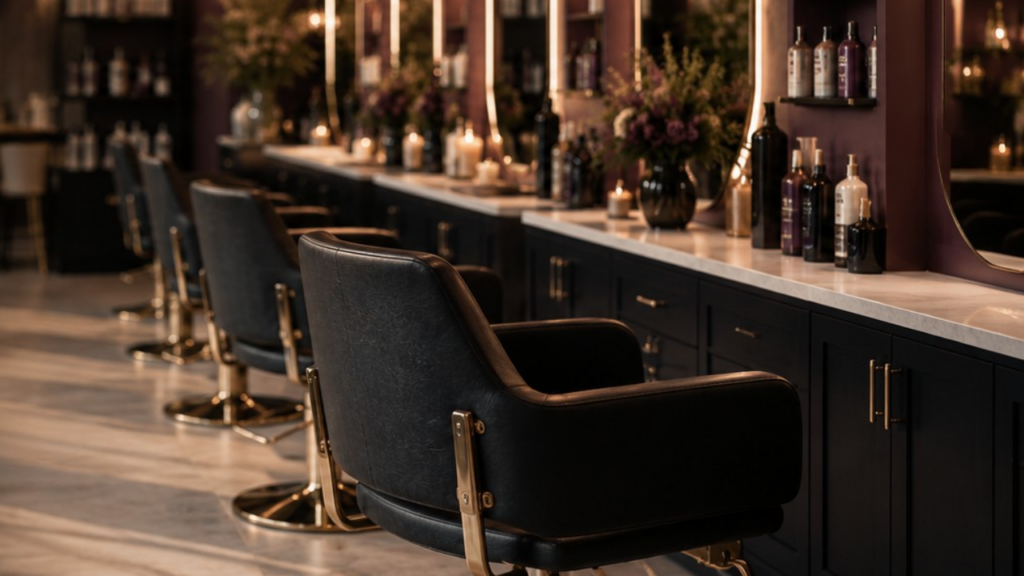 Warm modern Velvet Owl salon interior.